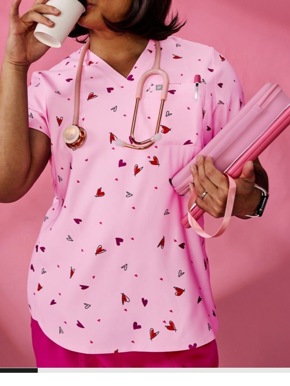 Women’s Pink Heart-Print Scrub Top - Lightweight Comfort